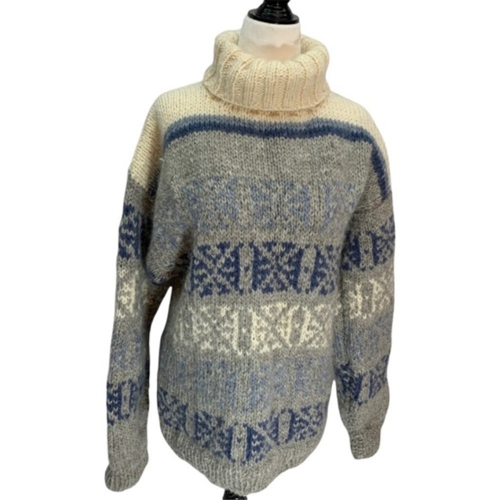 Hand Knit Blue white Fisherman Sweater Fair IsleTurtleneck Chunky